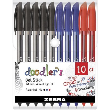 ZEBRA PEN Stick Pen, Gel Ink, 1.0mm, 10/PK, BK/BE/RD AST PK ZEB41970